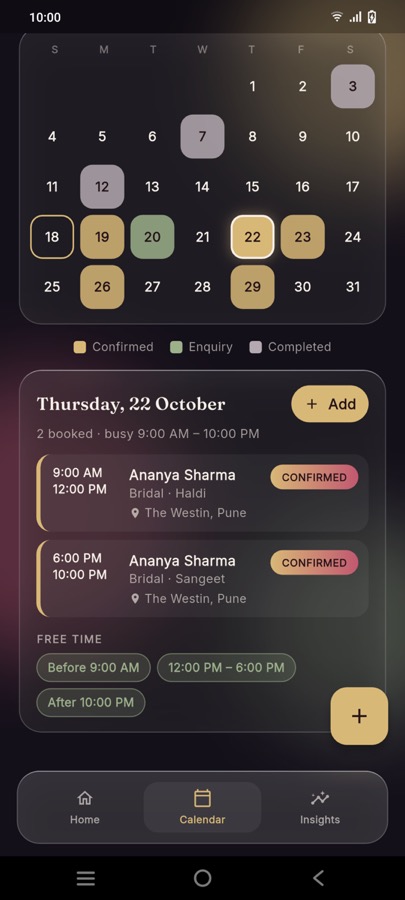 BookVanity Calendar screen