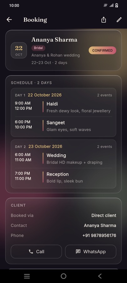 BookVanity Booking details screen
