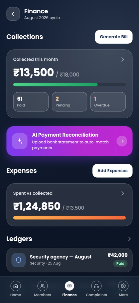 MeraSociety finance screen