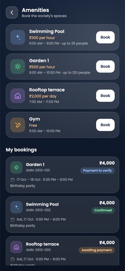 MeraSociety Amenity booking screen