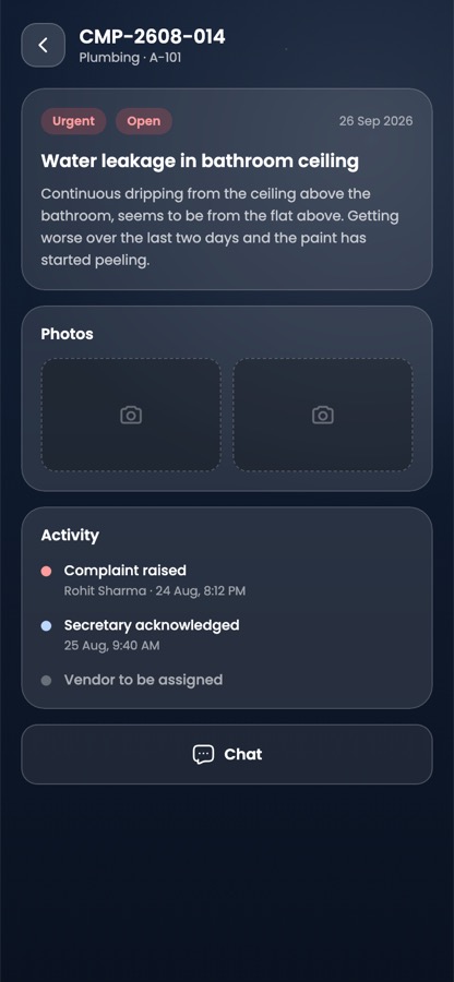 MeraSociety Complaints screen